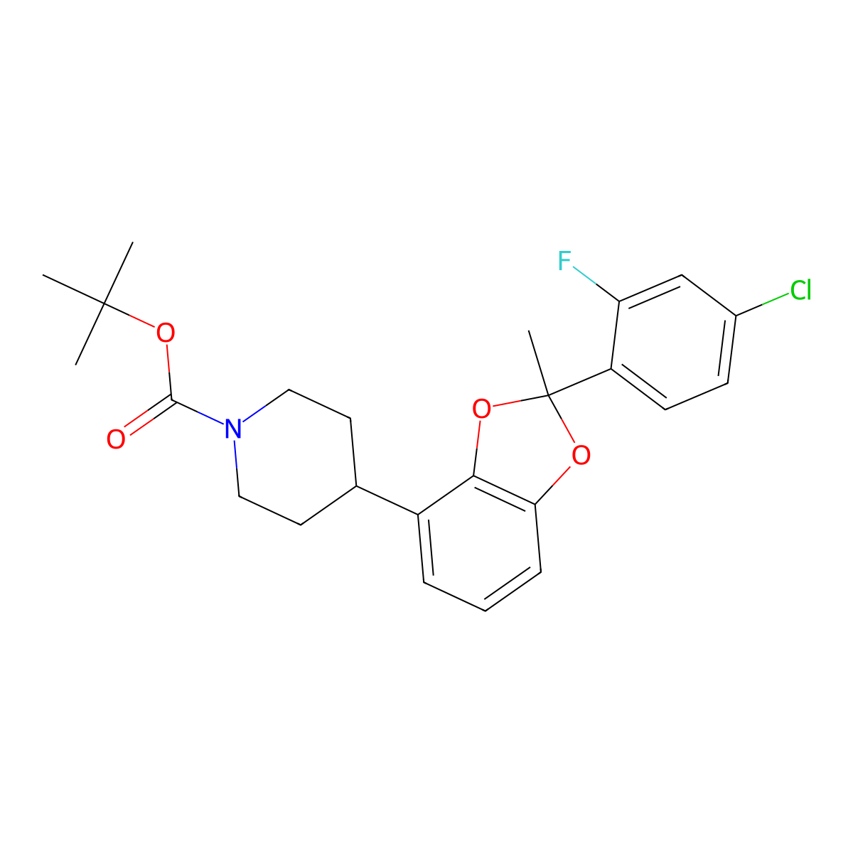 Tert-butyl 4-[2-(4-chloro-2-fluoro-phenyl)-2-methyl-1,3-benzodioxol-4-yl]piperidine-1-carboxylate molecular structure, CAS 2401894-40-2