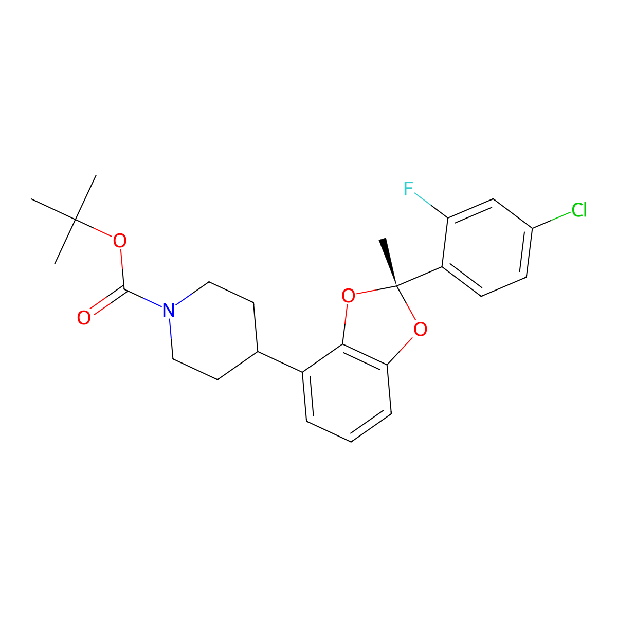 tert-butyl 4-[(2R)-2-(4-chloro-2-fluoro-phenyl)-2-methyl-1,3-benzodioxol-4-yl]piperidine-1-carboxylate molecular structure, CAS 2401894-42-4