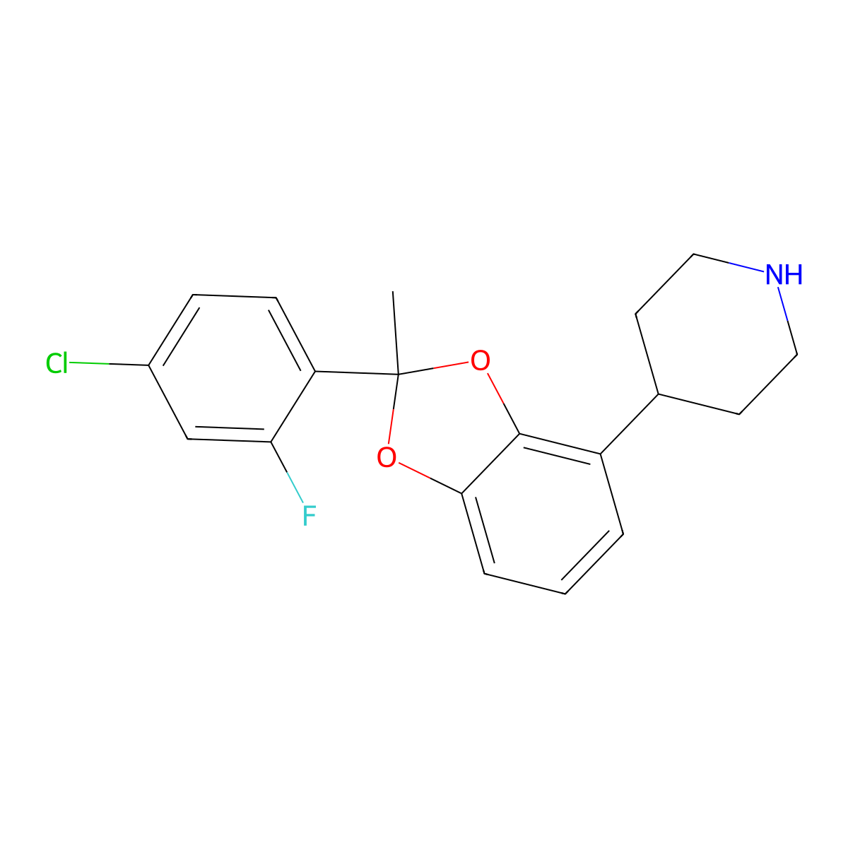 4-(2-(4-Chloro-2-fluorophenyl)-2-methylbenzo[d][1,3]dioxol-4-yl)piperidine molecular structure, CAS 2401894-46-8
