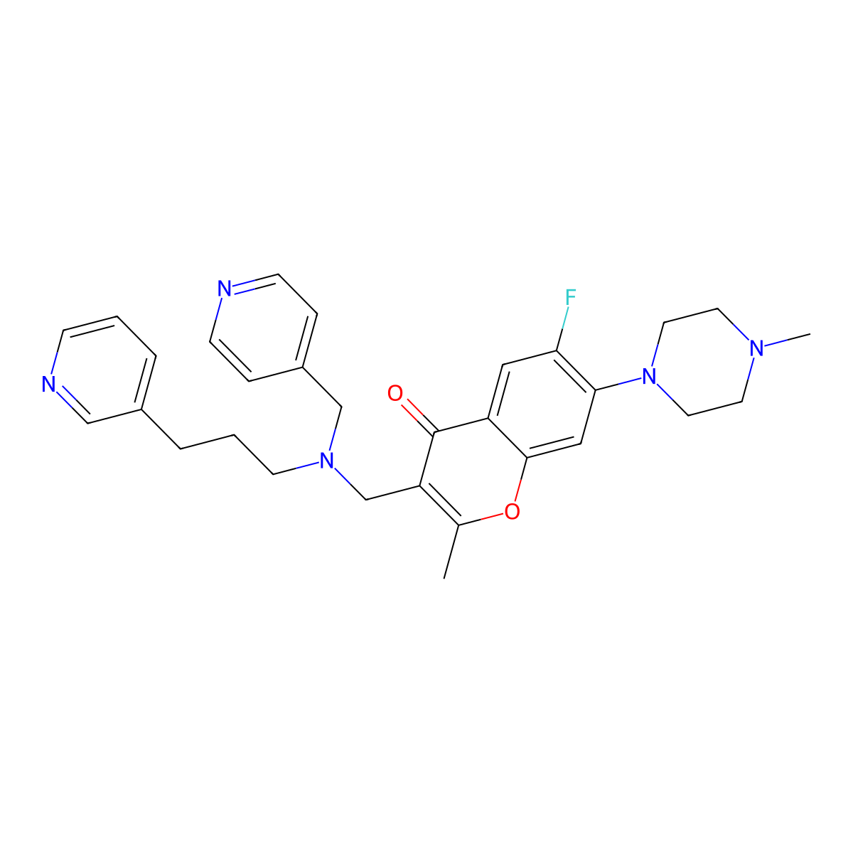 6-fluoro-2-methyl-7-(4-methylpiperazin-1-yl)-3-(((3-(pyridin-3-yl)propyl)(pyridin-4-ylmethyl)amino)methyl)-4H-chromen-4-one molecular structure, CAS 2402715-31-3