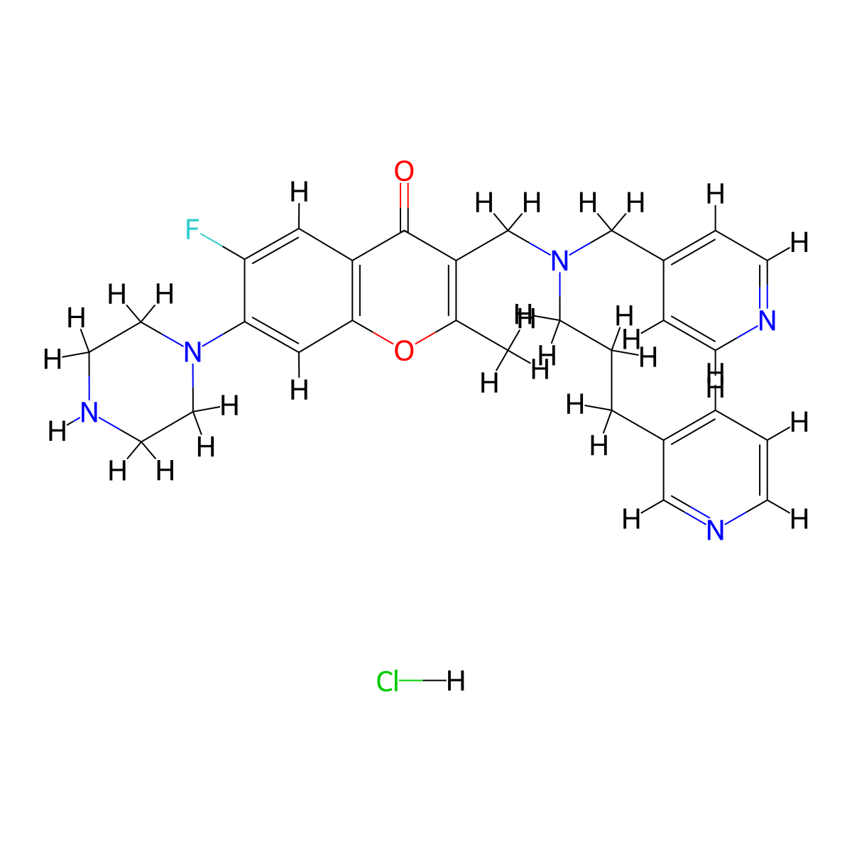 6-fluoro-2-methyl-7-(piperazin-1-yl)-3-(((3-(pyridin-3-yl)propyl)(pyridin-4-ylmethyl)amino)methyl)-4H-chromen-4-one hydrochloride molecular structure, CAS 2402716-10-1