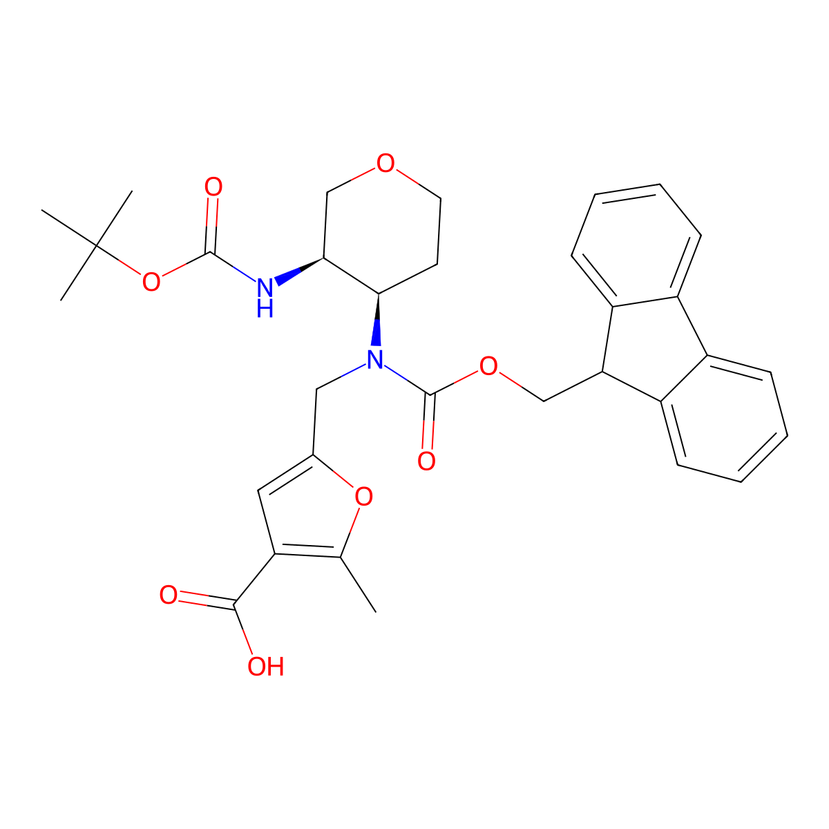 rac-5-({[(3R,4R)-3-{[(tert-butoxy)carbonyl]amino}oxan-4-yl]({[(9H-fluoren-9-yl)methoxy]carbonyl})amino}methyl)-2-methylfuran-3-carboxylic acid molecular structure, CAS 2402789-71-1