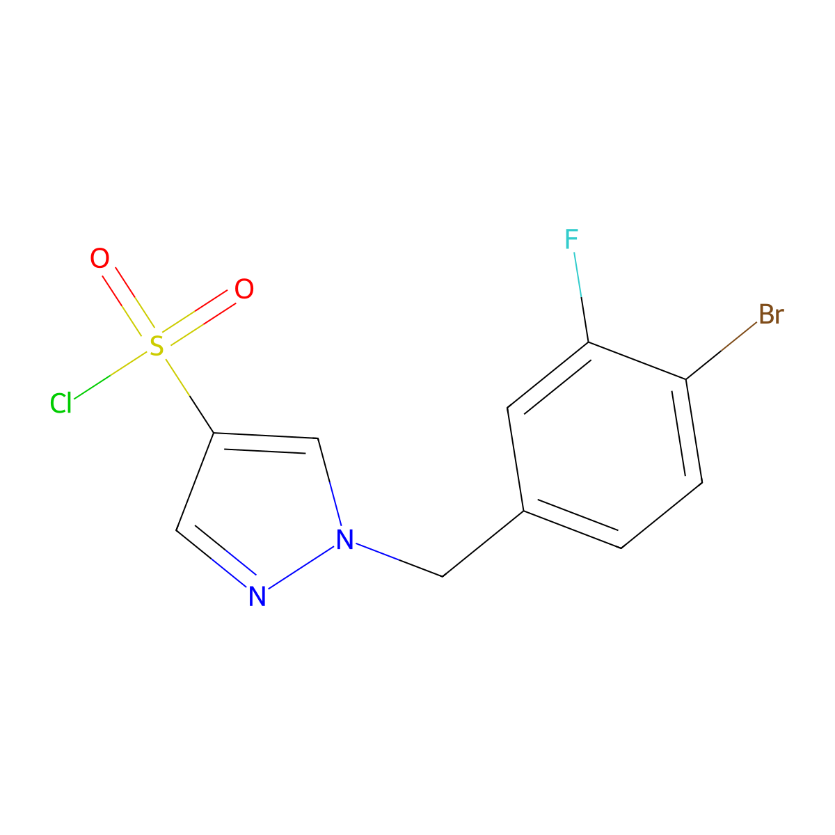1-[(4-bromo-3-fluorophenyl)methyl]-1H-pyrazole-4-sulfonylchloride molecular structure, CAS 2402830-33-3