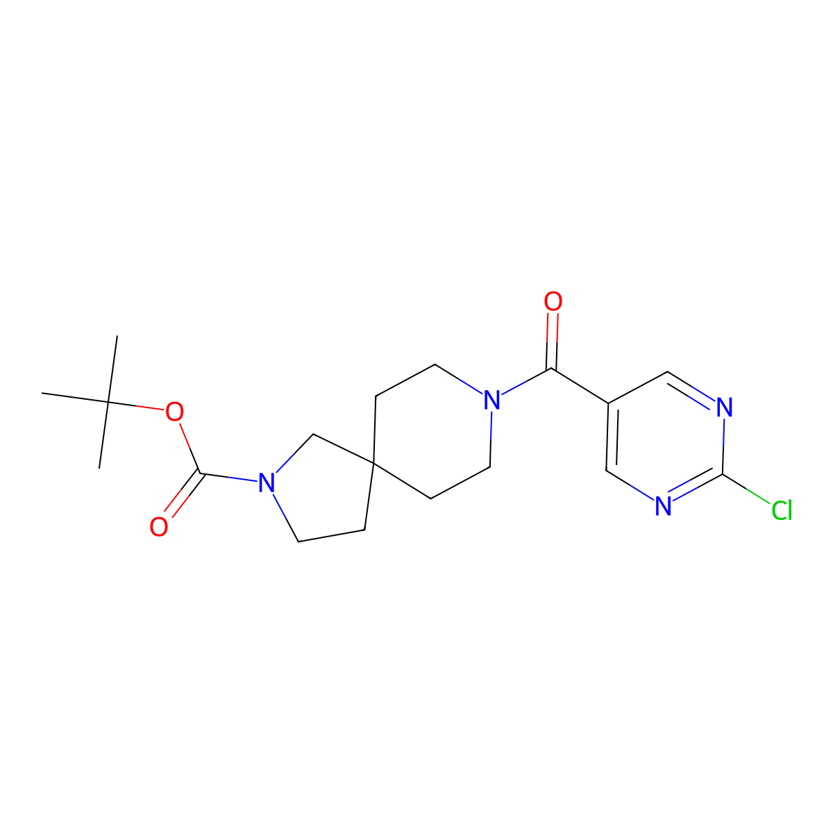 Tert-butyl 8-(2-chloropyrimidine-5-carbonyl)-2,8-diazaspiro[4.5]decane-2-carboxylate molecular structure, CAS 2402830-62-8