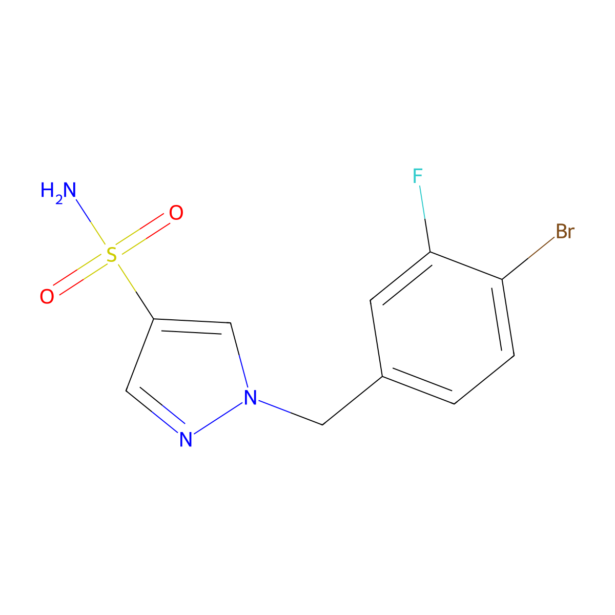 1-[(4-bromo-3-fluorophenyl)methyl]-1H-pyrazole-4-sulfonamide molecular structure, CAS 2402830-71-9