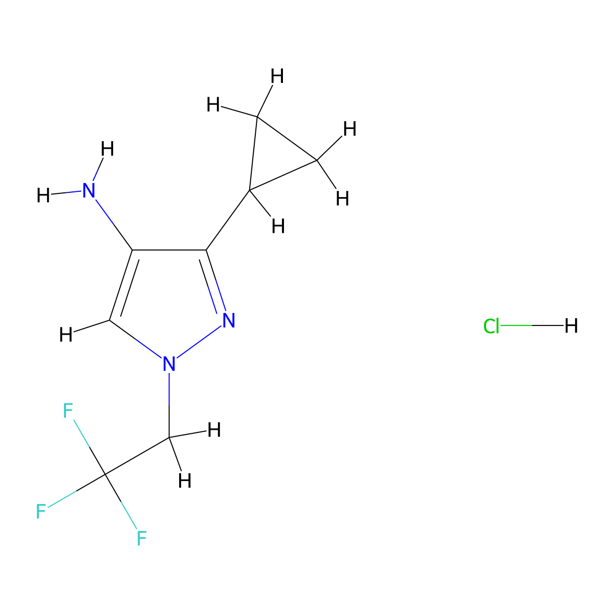 3-cyclopropyl-1-(2,2,2-trifluoroethyl)-1H-pyrazol-4-amine hydrochloride molecular structure, CAS 2402837-33-4