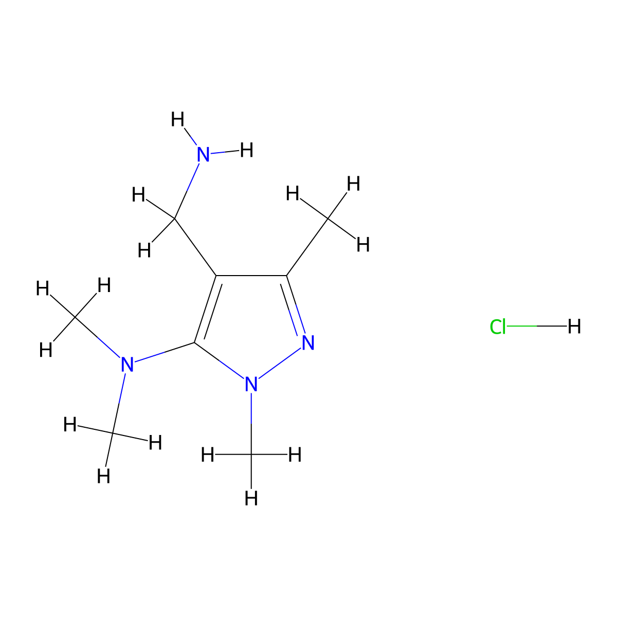 4-(aminomethyl)-N,N,1,3-tetramethyl-1H-pyrazol-5-amine hydrochloride molecular structure, CAS 2402839-67-0