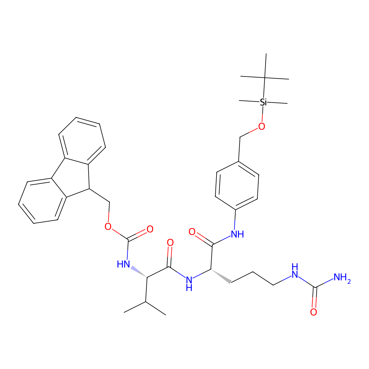 (9H-fluoren-9-yl)Methyl ((S)-1-(((S)-1-((4-(((tert-butyldiMethylsilyl)oxy)Methyl)phenyl)aMino)-1-oxo-5-ureidopentan-2-yl)aMino)-3-Methyl-1-oxobutan-2-yl)carbaMate molecular structure, CAS 2403638-96-8