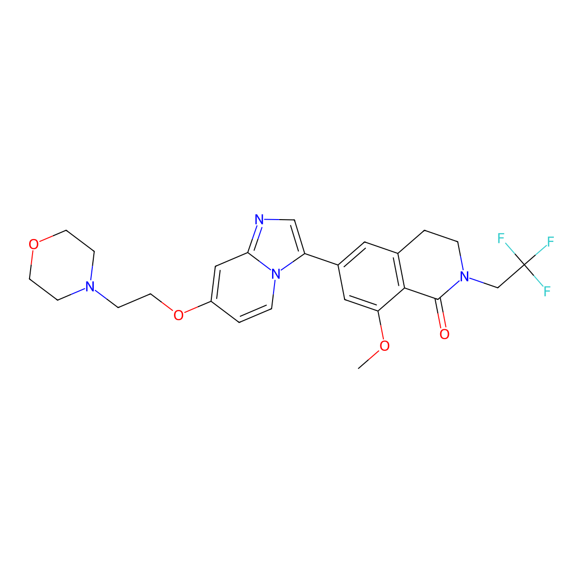 8-Methoxy-6-(7-(2-morpholinoethoxy)imidazo[1,2-a]pyridin-3-yl)-2-(2,2,2-trifluoroethyl)-3,4-dihydroisoquinolin-1(2H)-one molecular structure, CAS 2403733-82-2