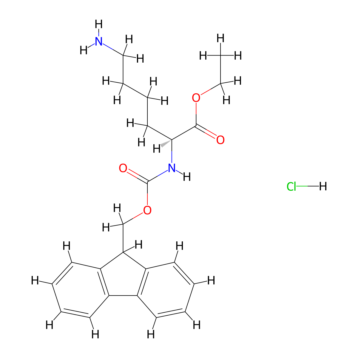 (S)-Ethyl 2-((((9H-fluoren-9-yl)methoxy)carbonyl)amino)-6-aminohexanoate hydrochloride molecular structure, CAS 2404670-11-5