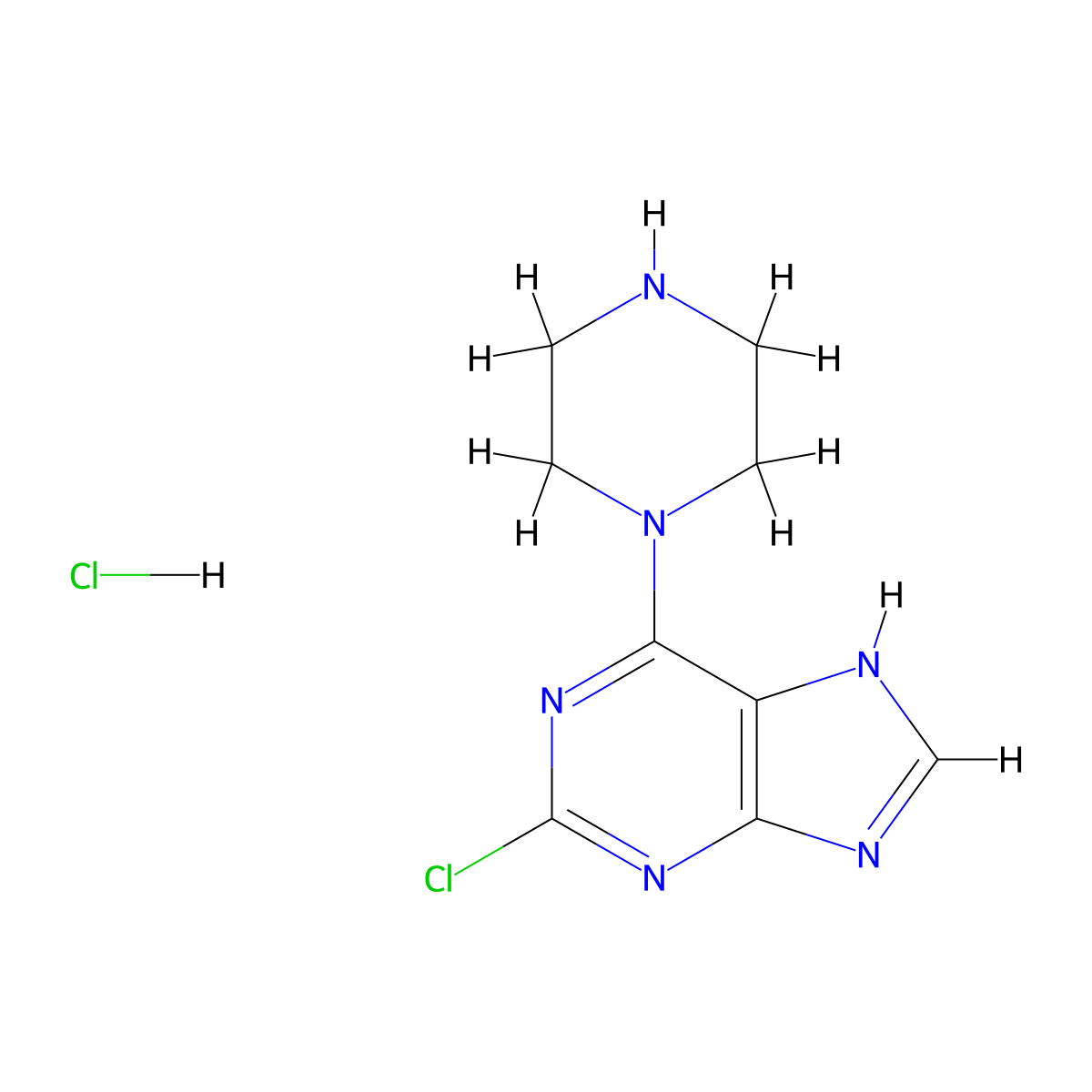 2-chloro-6-(piperazin-1-yl)-9H-purine hydrochloride molecular structure, CAS 2406235-09-2