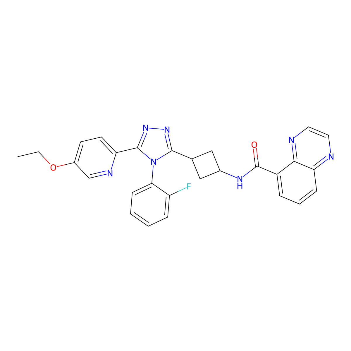 N-[3-[5-(5-ethoxypyridin-2-yl)-4-(2-fluorophenyl)-1,2,4-triazol-3-yl]cyclobutyl]quinoxaline-5-carboxamide molecular structure, CAS 2406278-81-5
