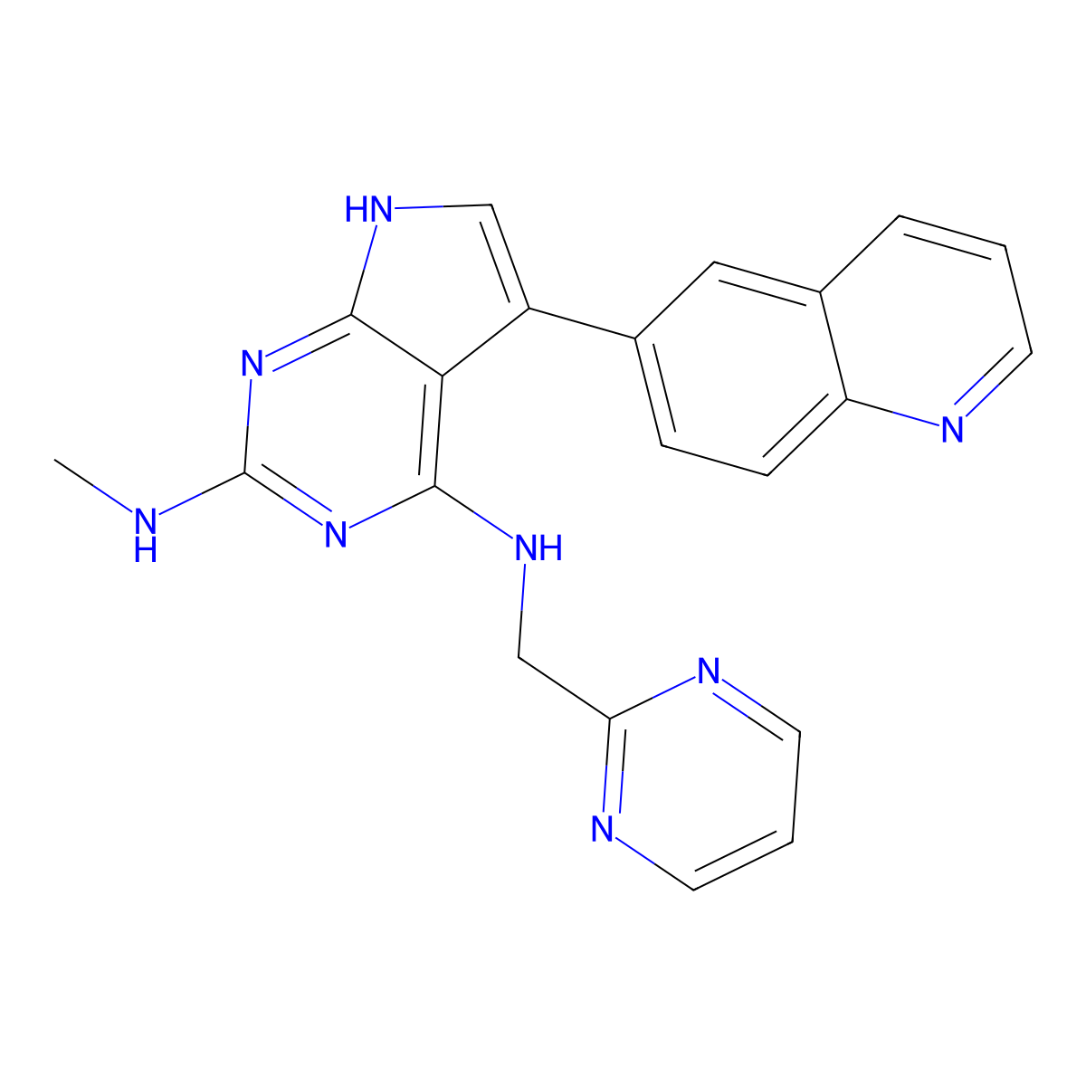N2-methyl-N4-(pyrimidin-2-ylmethyl)-5-(quinolin-6-yl)-7H-pyrrolo(2,3-d)pyrimidine-2,4-diamine molecular structure, CAS 2407433-00-3