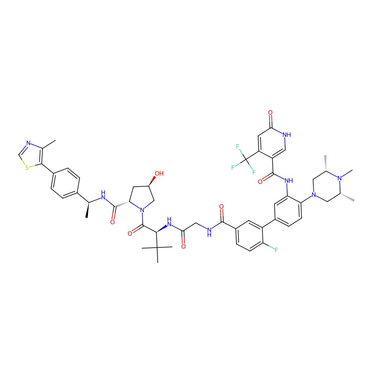 N-{2'-fluoro-5'-[({[(2S)-1-[(2S,4R)-4-hydroxy-2-{[(1S)-1-[4-(4-methyl-1,3-thiazol-5-yl)phenyl]ethyl]carbamoyl}pyrrolidin-1-yl]-3,3-dimethyl-1-oxobutan-2-yl]carbamoyl}methyl)carbamoyl]-4-[(3R,5S)-3,4,5-trimethylpiperazin-1-yl]-[1,1'-biphenyl]-3-yl}-6-oxo-4-(trifluoromethyl)-1,6-dihydropyridine-3-carboxamide molecular structure, CAS 2407452-77-9