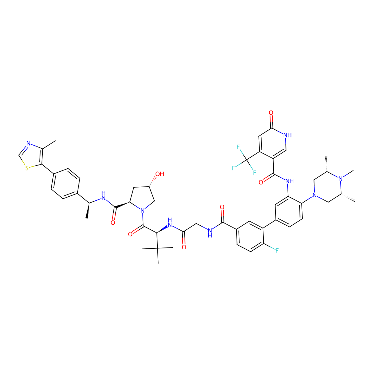 N-{2'-fluoro-5'-[({[(2S)-1-[(2R,4S)-4-hydroxy-2-{[(1S)-1-[4-(4-methyl-1,3-thiazol-5-yl)phenyl]ethyl]carbamoyl}pyrrolidin-1-yl]-3,3-dimethyl-1-oxobutan-2-yl]carbamoyl}methyl)carbamoyl]-4-[(3R,5S)-3,4,5-trimethylpiperazin-1-yl]-[1,1'-biphenyl]-3-yl}-6-oxo-4-(trifluoromethyl)-1,6-dihydropyridine-3-carboxamide molecular structure, CAS 2407452-79-1