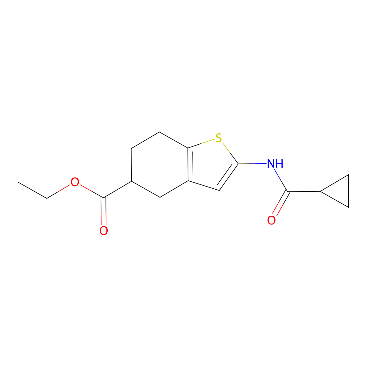 Ethyl2-cyclopropaneamido-4,5,6,7-tetrahydro-1-benzothiophene-5-carboxylate molecular structure, CAS 2407479-98-3
