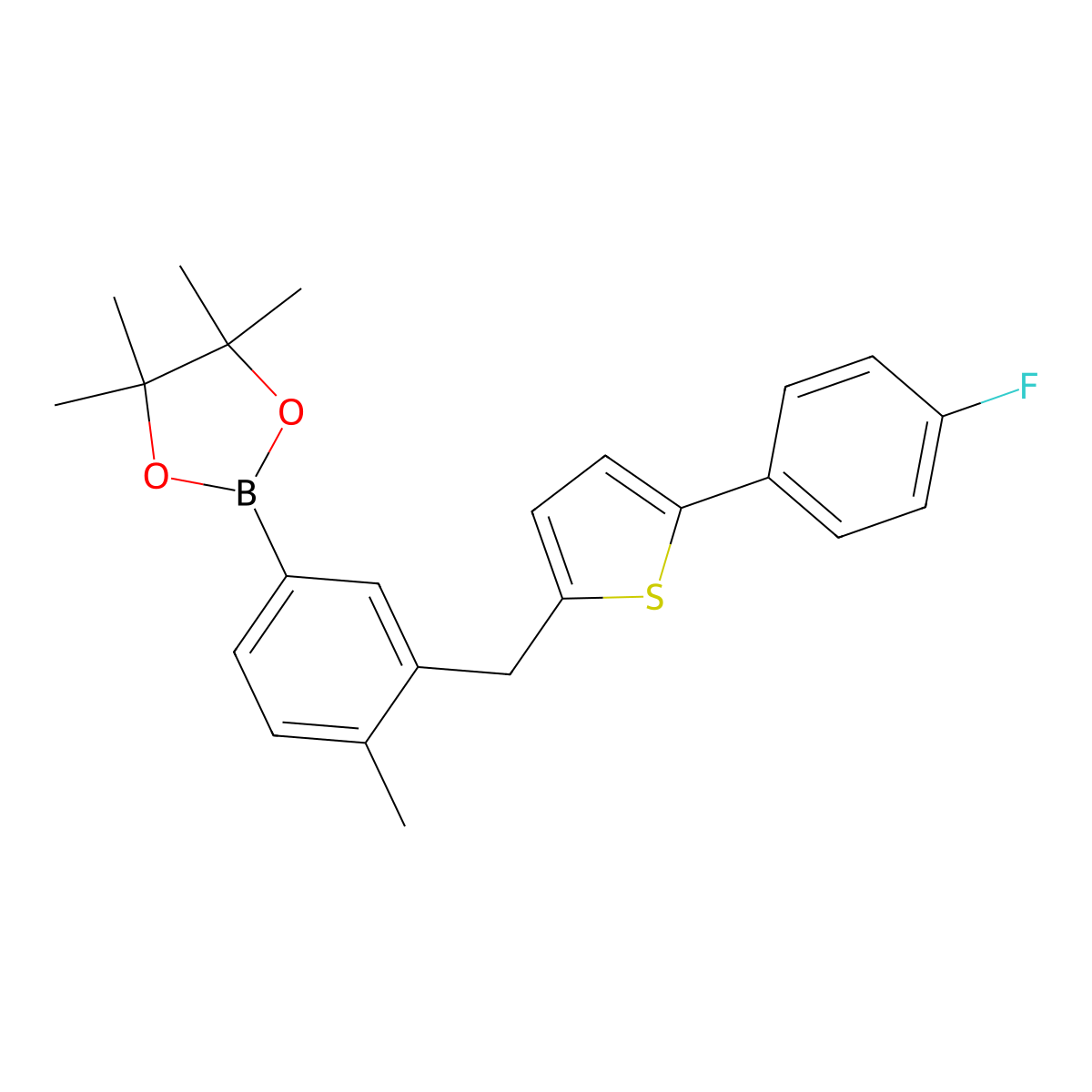 2-(3-{[5-(4-Fluorophenyl)thiophen-2-yl]methyl}-4-methylphenyl)-4,4,5,5-tetramethyl-1,3,2-dioxaborolane molecular structure, CAS 2407531-38-6