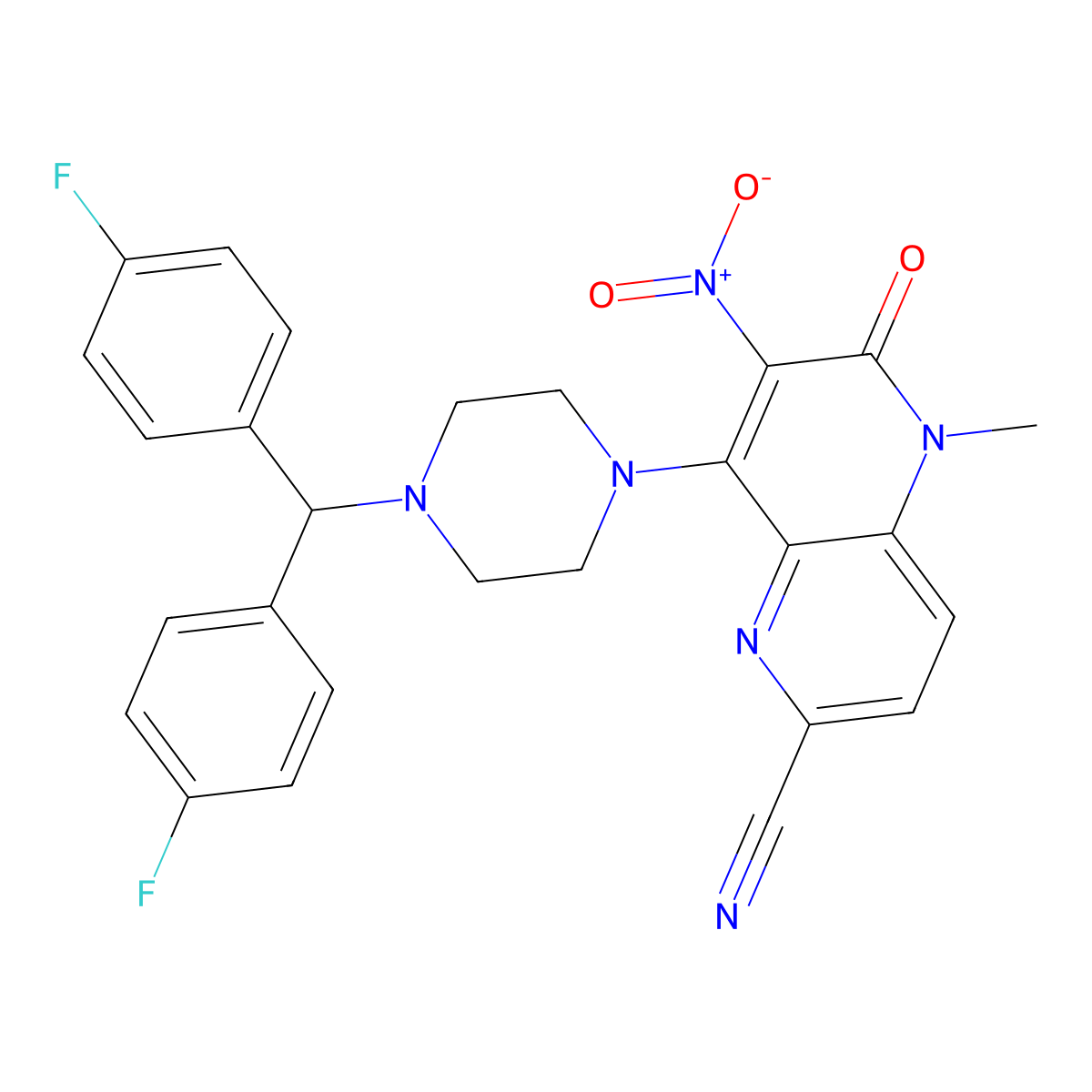 8-(4-(Bis(4-fluorophenyl)methyl)piperazin-1-yl)-5-methyl-7-nitro-6-oxo-5,6-dihydro-1,5-naphthyridine-2-carbonitrile molecular structure, CAS 2407854-18-4