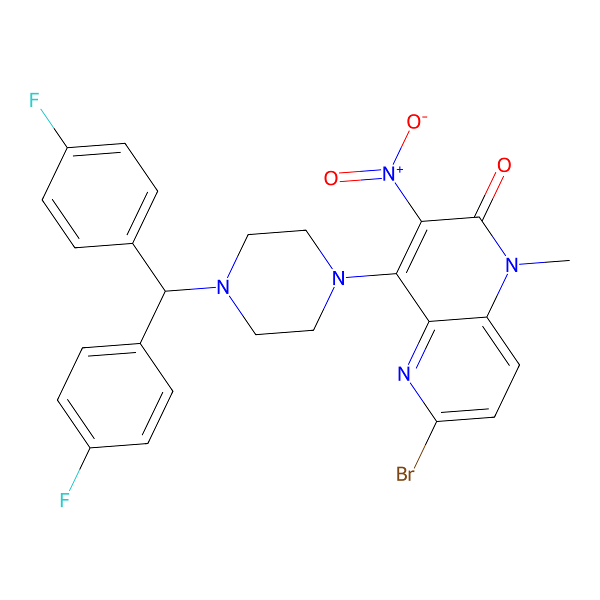 4-[4-[Bis(4-fluorophenyl)methyl]-1-piperazinyl]-6-bromo-1-methyl-3-nitro-1,5-naphthyridin-2(1H)-one molecular structure, CAS 2407854-31-1