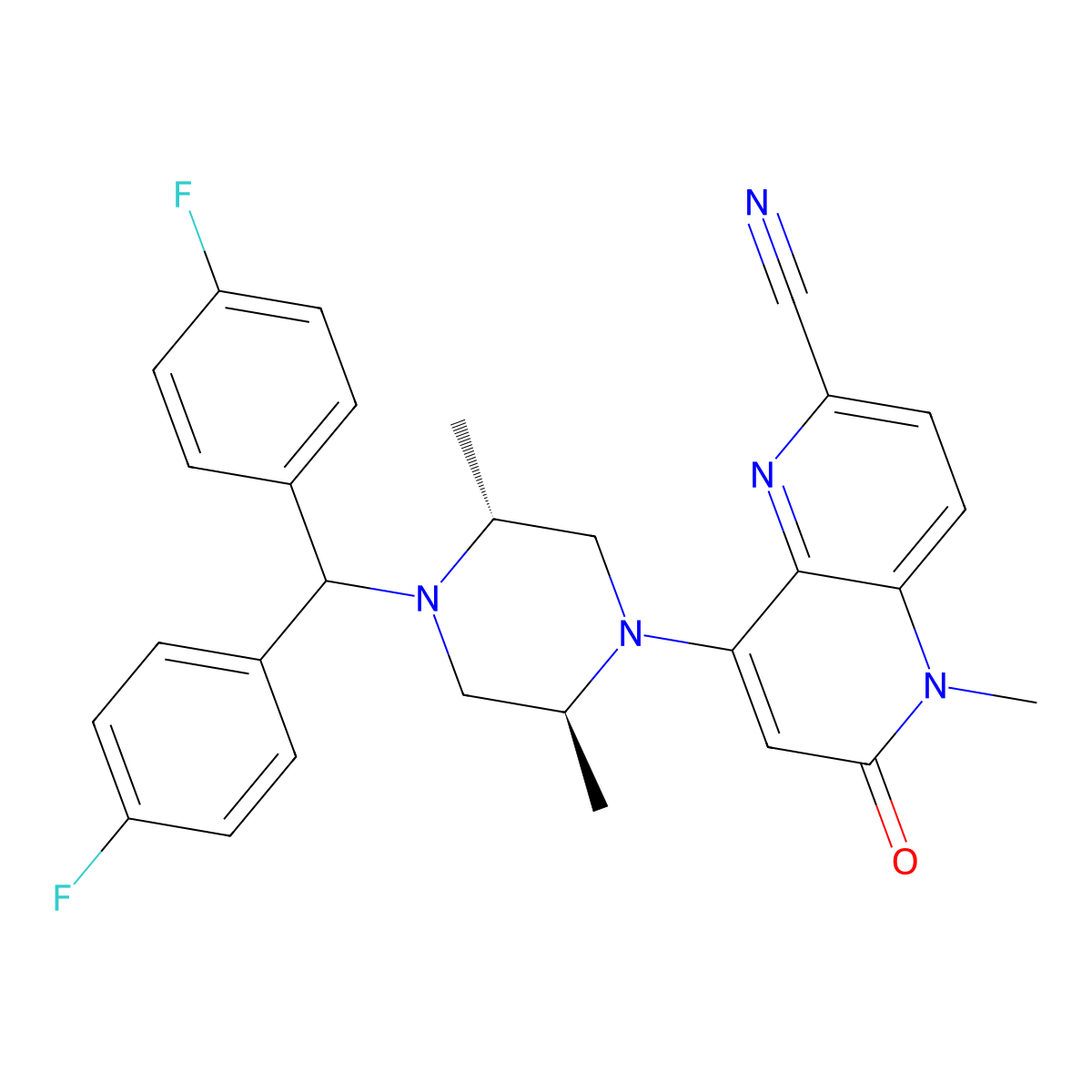 8-[(2S,5R)-4-[Bis(4-fluorophenyl)methyl]-2,5-dimethyl-1-piperazinyl]-5-methyl-6-oxo-5,6-dihydro-1,5-naphthyridine-2-carbonitrile molecular structure, CAS 2407892-15-1