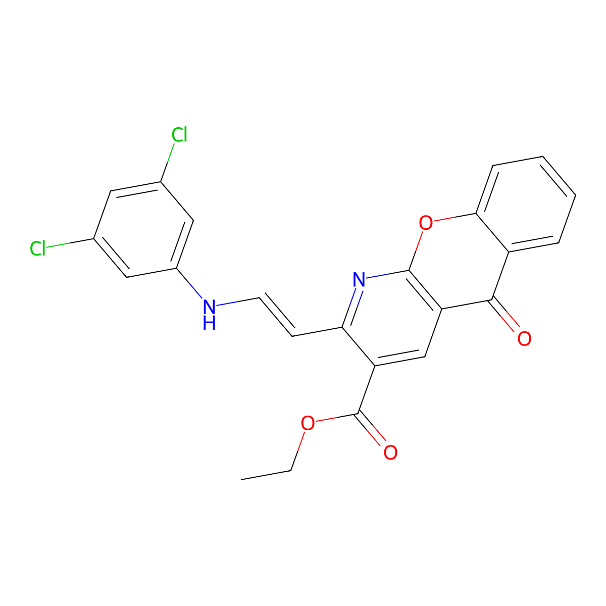 ethyl 2-[(E)-2-[(3,5-dichlorophenyl)amino]ethenyl]-5-oxo-5H-chromeno[2,3-b]pyridine-3-carboxylate molecular structure, CAS 240799-79-5