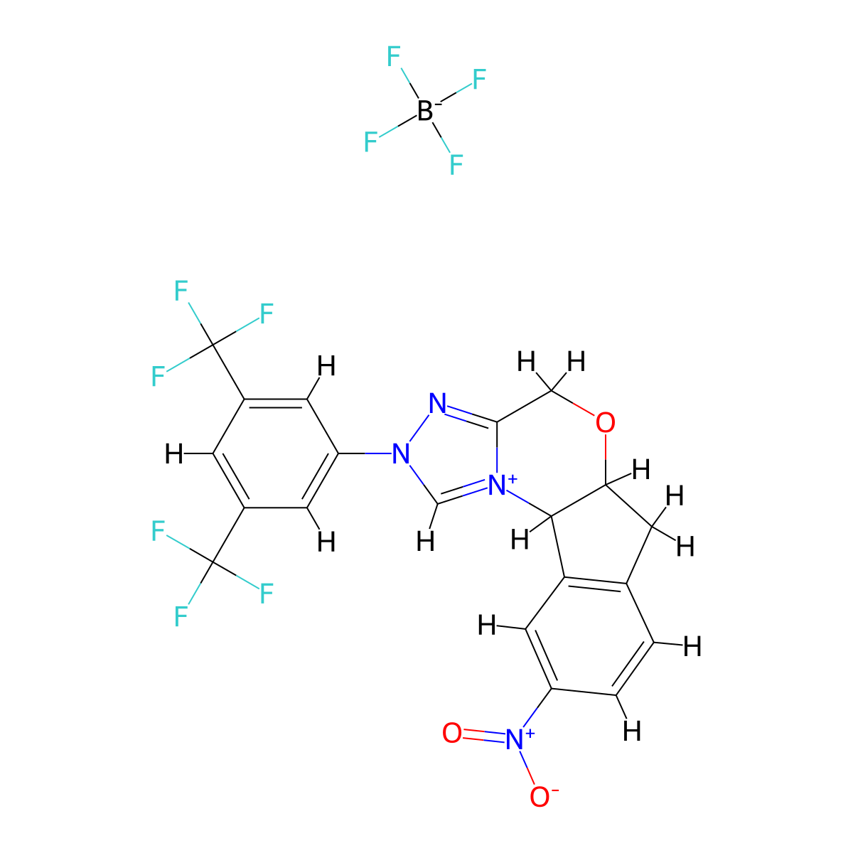 2-(3,5-Bis(trifluoromethyl)phenyl)-9-nitro-4,5a,6,10b-tetrahydroindeno[2,1-b][1,2,4]triazolo[4,3-d][1,4]oxazin-2-ium tetrafluoroborate molecular structure, CAS 2408127-65-9