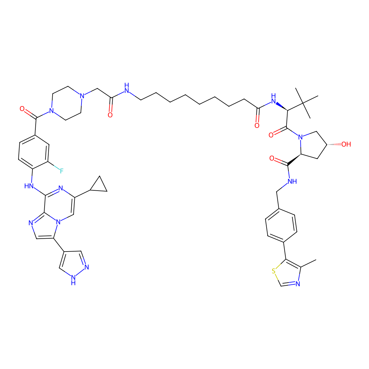 (2S,4R)-1-[(2S)-2-[9-[[2-[4-[4-[[6-cyclopropyl-3-(1H-pyrazol-4-yl)imidazo[1,2-a]pyrazin-8-yl]amino]-3-fluorobenzoyl]piperazin-1-yl]acetyl]amino]nonanoylamino]-3,3-dimethylbutanoyl]-4-hydroxy-N-[[4-(4-methyl-1,3-thiazol-5-yl)phenyl]methyl]pyrrolidine-2-carboxamide molecular structure, CAS 2408339-39-7