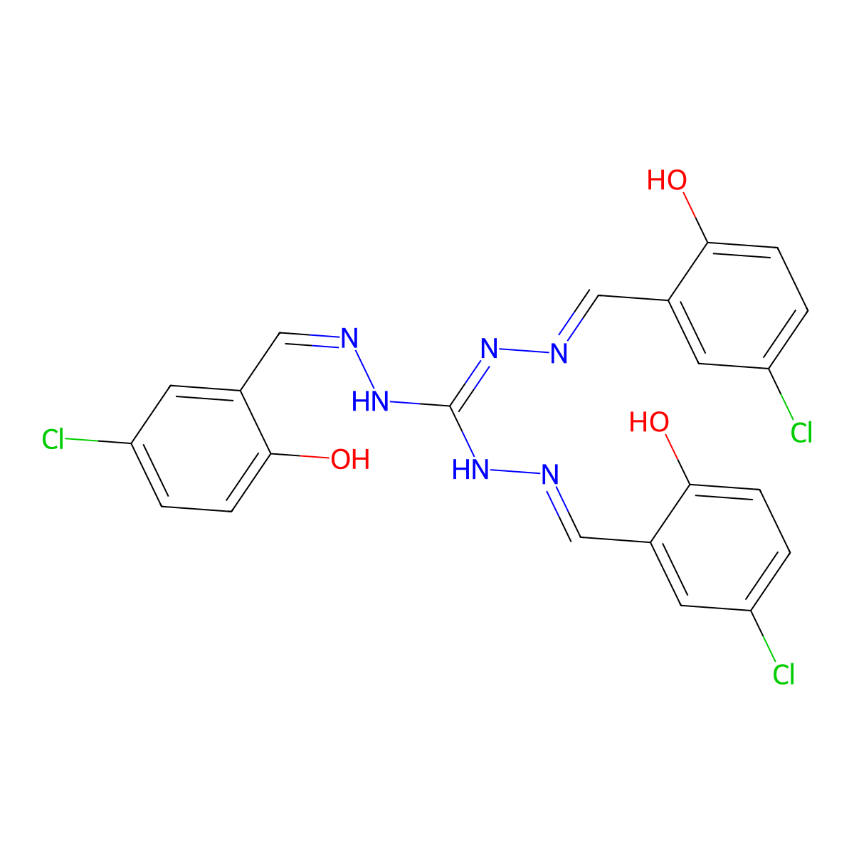 (E)-N',N''-Bis((E)-5-chloro-2-hydroxybenzylidene)-2-((Z)-5-chloro-2-hydroxybenzylidene)hydrazine-1-carbohydrazonhydrazide molecular structure, CAS 2408590-36-1