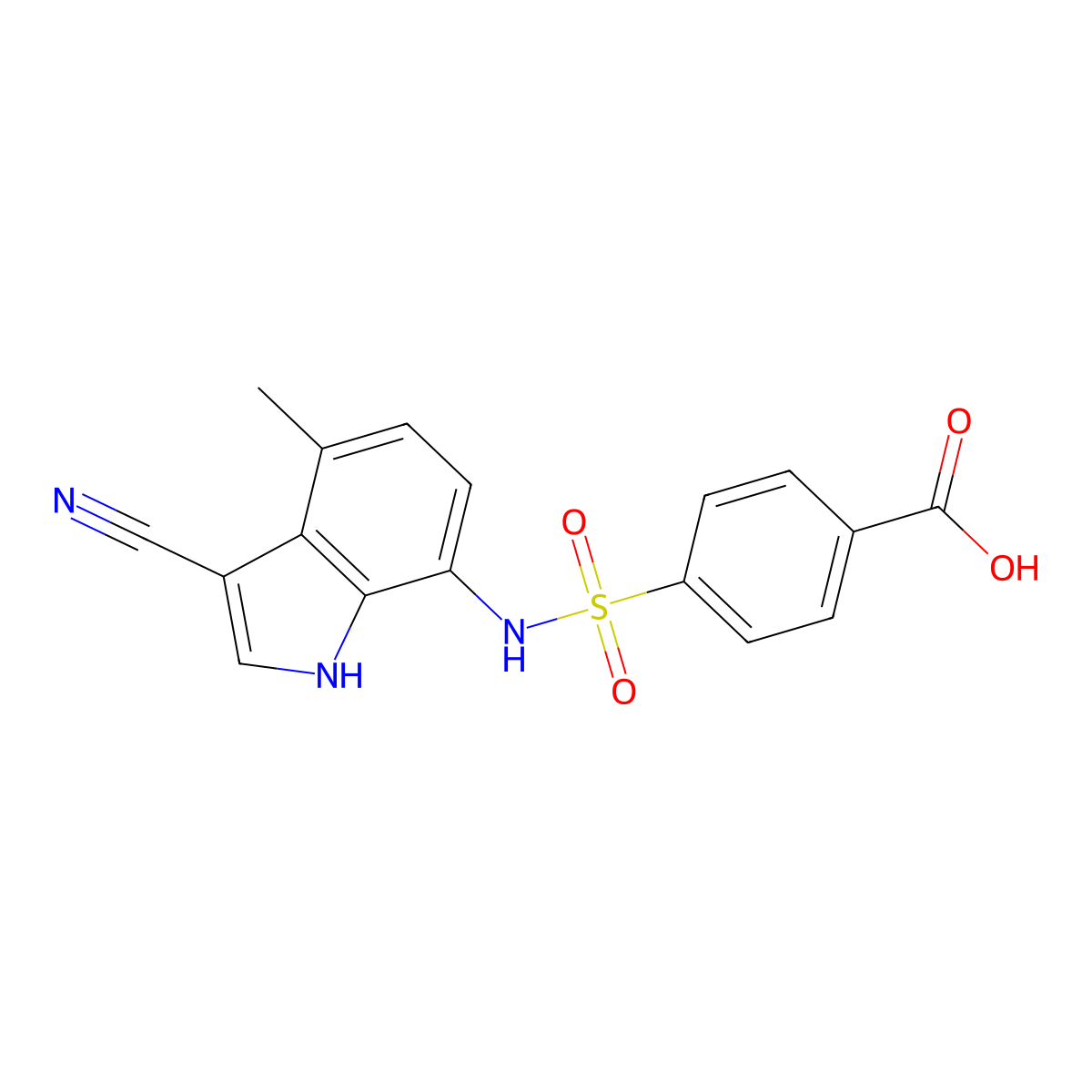 4-[(3-cyano-4-methyl-1H-indol-7-yl)sulfamoyl]benzoic acid molecular structure, CAS 2408609-63-0