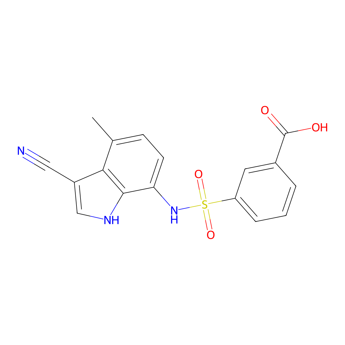 3-(N-(3-Cyano-4-methyl-1H-indol-7-yl)sulfamoyl)benzoic acid molecular structure, CAS 2408610-96-6