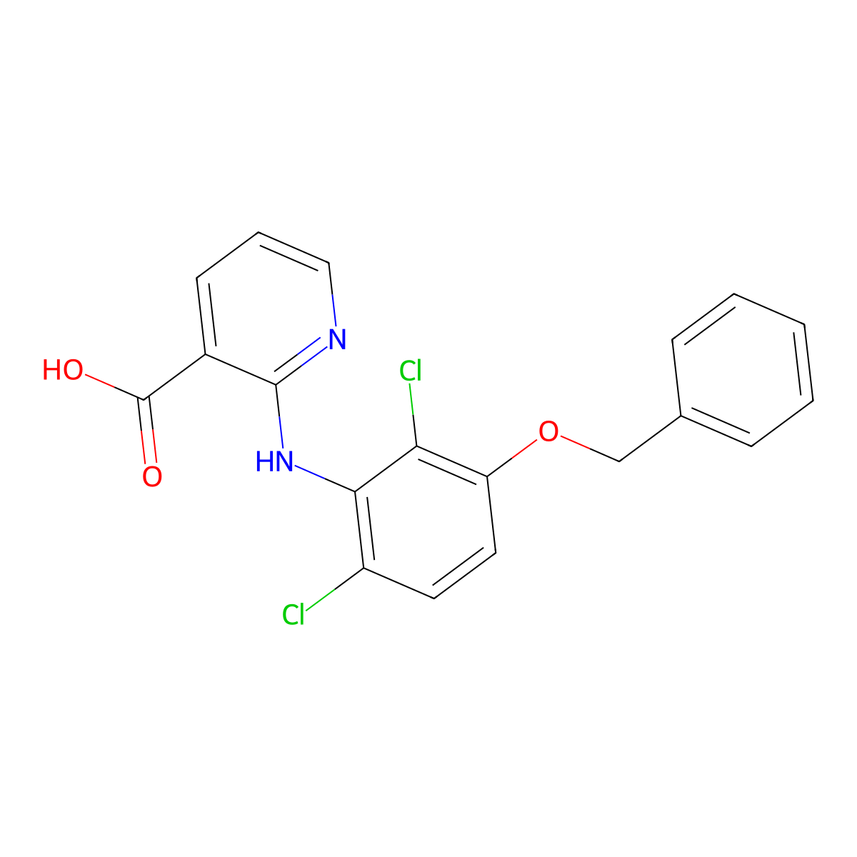 2-[[2,6-Bis(chloranyl)-3-phenylmethoxy-phenyl]amino]pyridine-3-carboxylic acid molecular structure, CAS 2408824-56-4