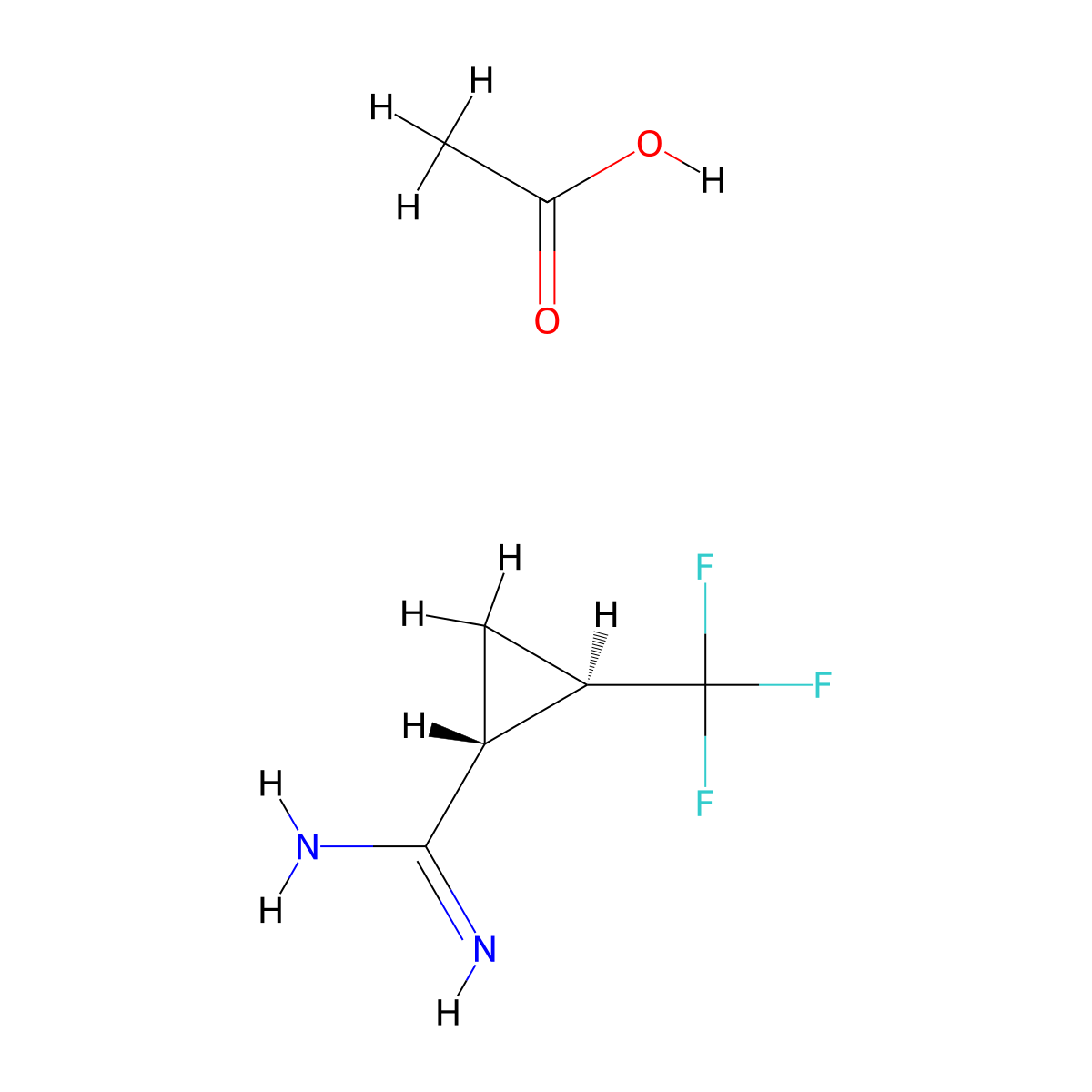 rac-(1R,2R)-2-(trifluoromethyl)cyclopropane-1-carboximidamide, acetic acid molecular structure, CAS 2408936-21-8