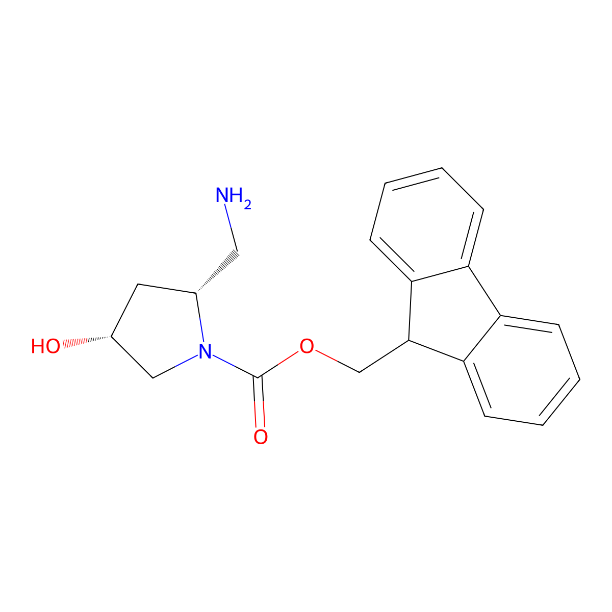 (9H-fluoren-9-yl)methyl (2R,4R)-2-(aminomethyl)-4-hydroxypyrrolidine-1-carboxylate molecular structure, CAS 2408936-42-3
