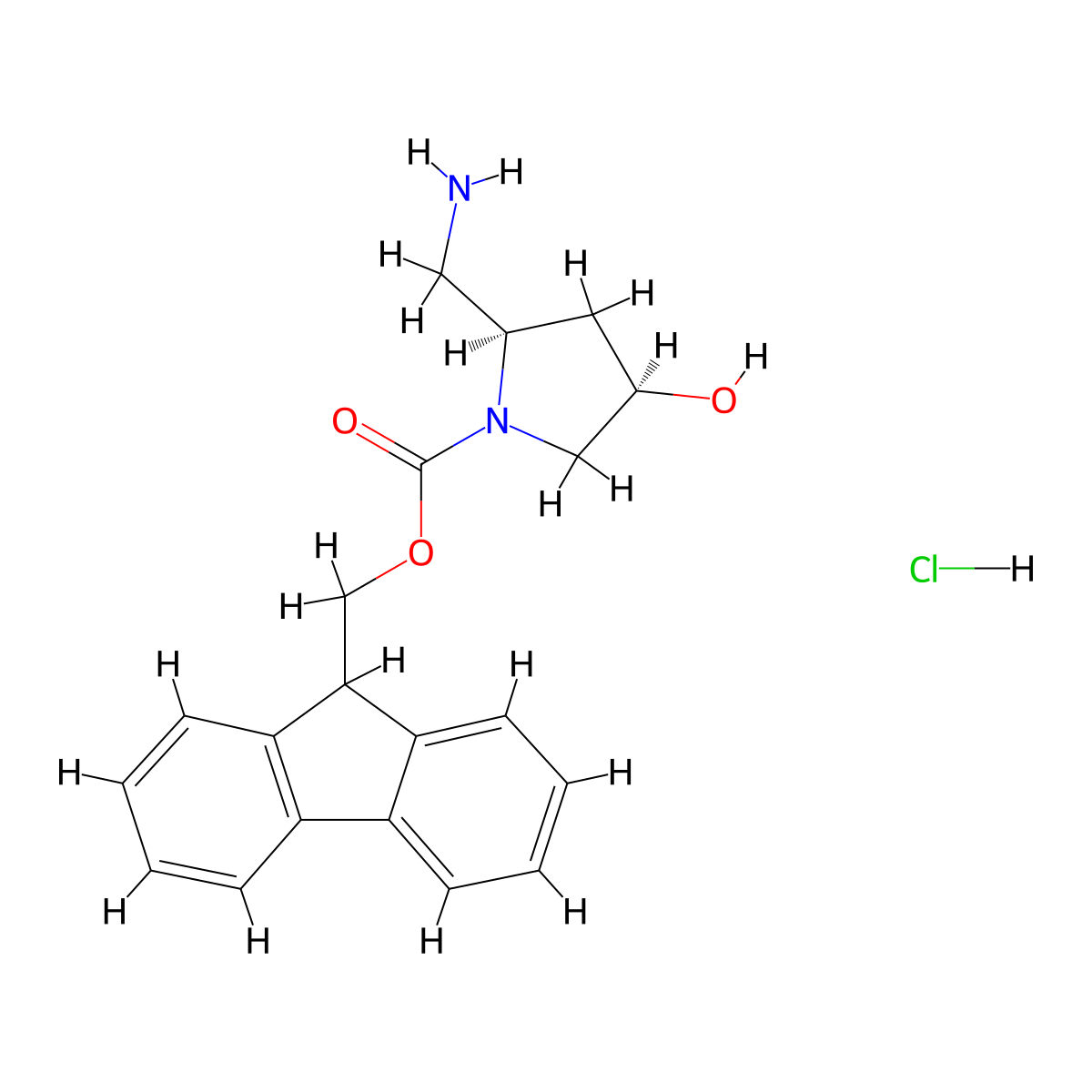 (9H-fluoren-9-yl)methyl (2R,4R)-2-(aminomethyl)-4-hydroxypyrrolidine-1-carboxylate hydrochloride molecular structure, CAS 2408936-43-4