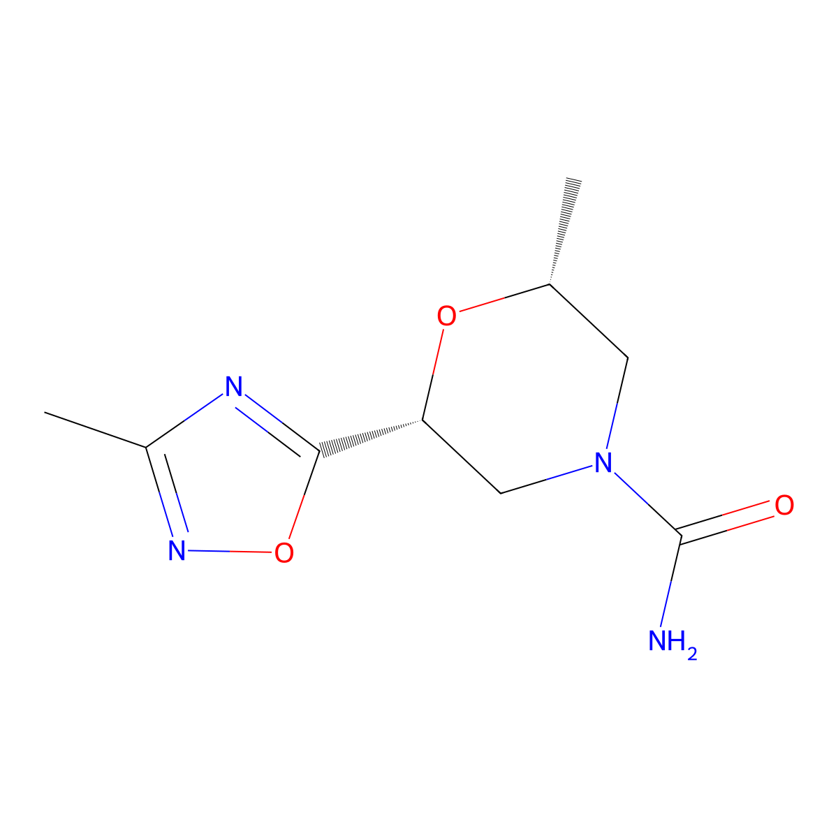 rac-(2R,6R)-2-methyl-6-(3-methyl-1,2,4-oxadiazol-5-yl)morpholine-4-carboxamide, cis molecular structure, CAS 2408936-82-1