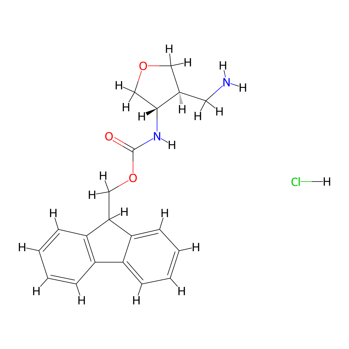 rac-(9H-fluoren-9-yl)methylN-[(3R,4R)-4-(aminomethyl)oxolan-3-yl]carbamatehydrochloride,trans molecular structure, CAS 2408937-12-0