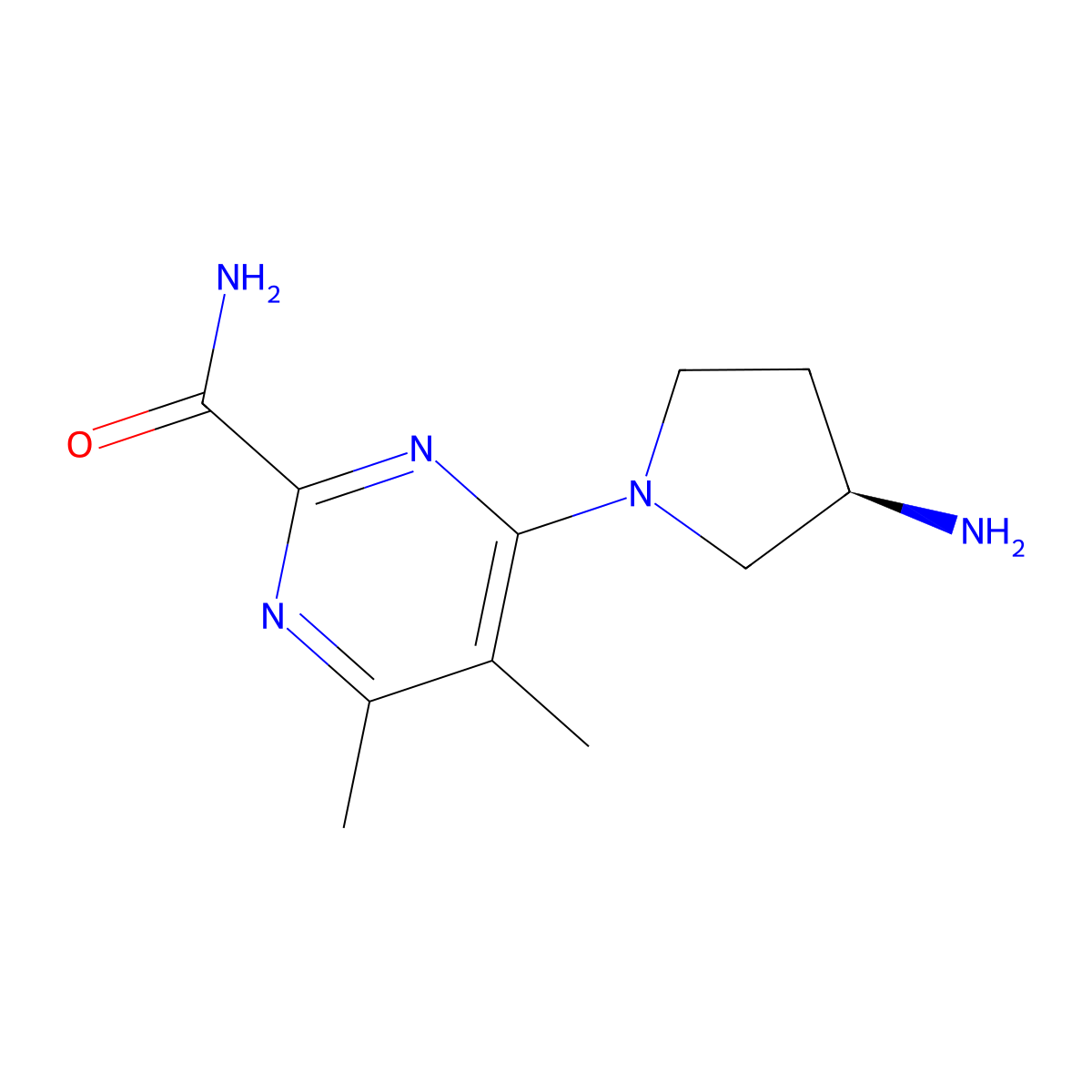 4-[(3R)-3-aminopyrrolidin-1-yl]-5,6-dimethylpyrimidine-2-carboxamide molecular structure, CAS 2408937-31-3