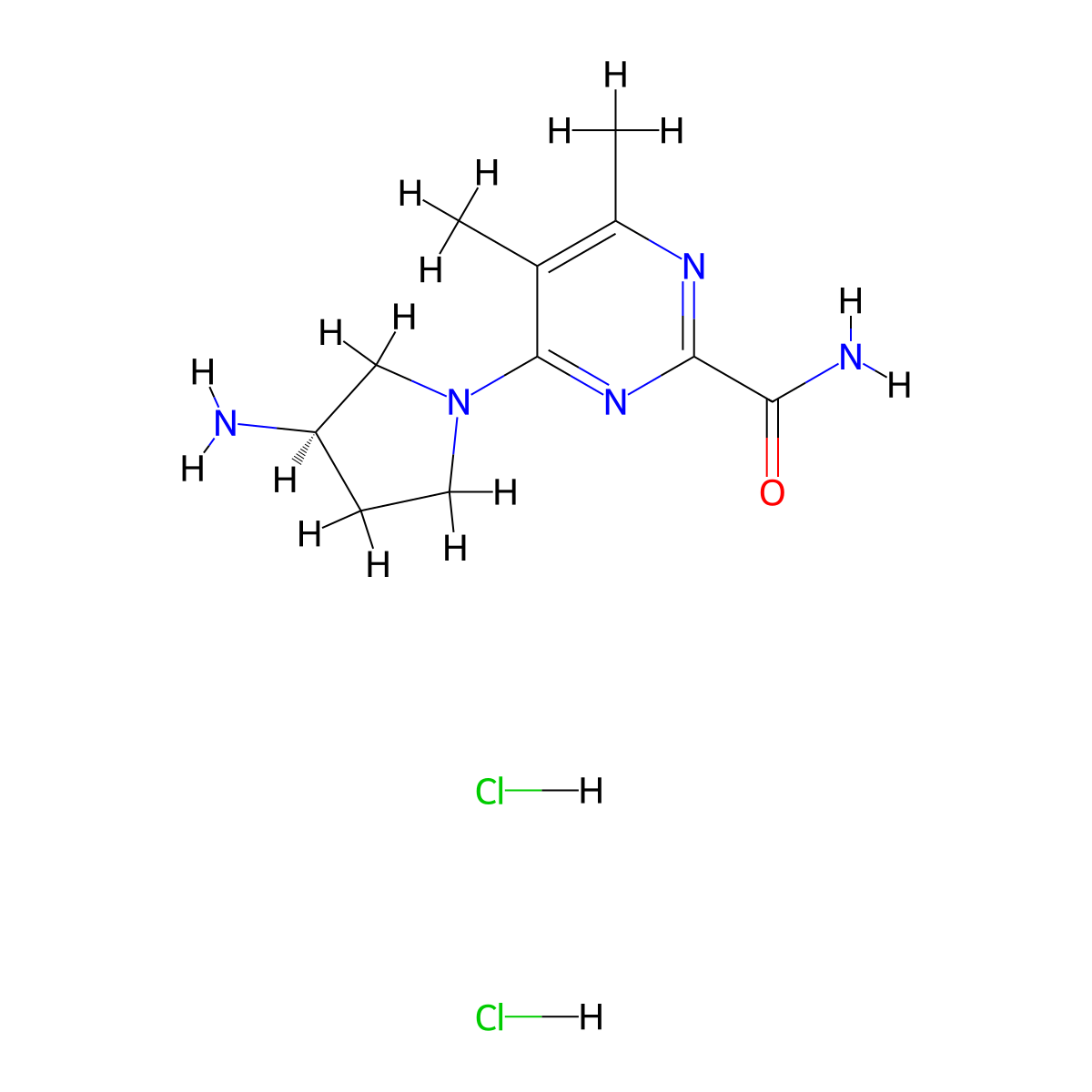 4-[(3R)-3-aminopyrrolidin-1-yl]-5,6-dimethylpyrimidine-2-carboxamidedihydrochloride molecular structure, CAS 2408937-32-4