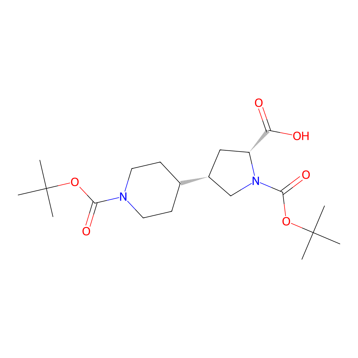 rac-(2R,4S)-1-[(tert-butoxy)carbonyl]-4-{1-[(tert-butoxy)carbonyl]piperidin-4-yl}pyrrolidine-2-carboxylic acid, cis molecular structure, CAS 2408937-55-1