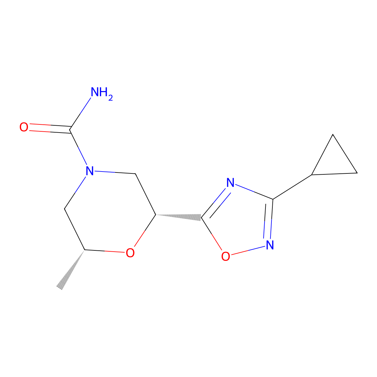 rac-(2R,6R)-2-(3-cyclopropyl-1,2,4-oxadiazol-5-yl)-6-methylmorpholine-4-carboxamide molecular structure, CAS 2408937-76-6