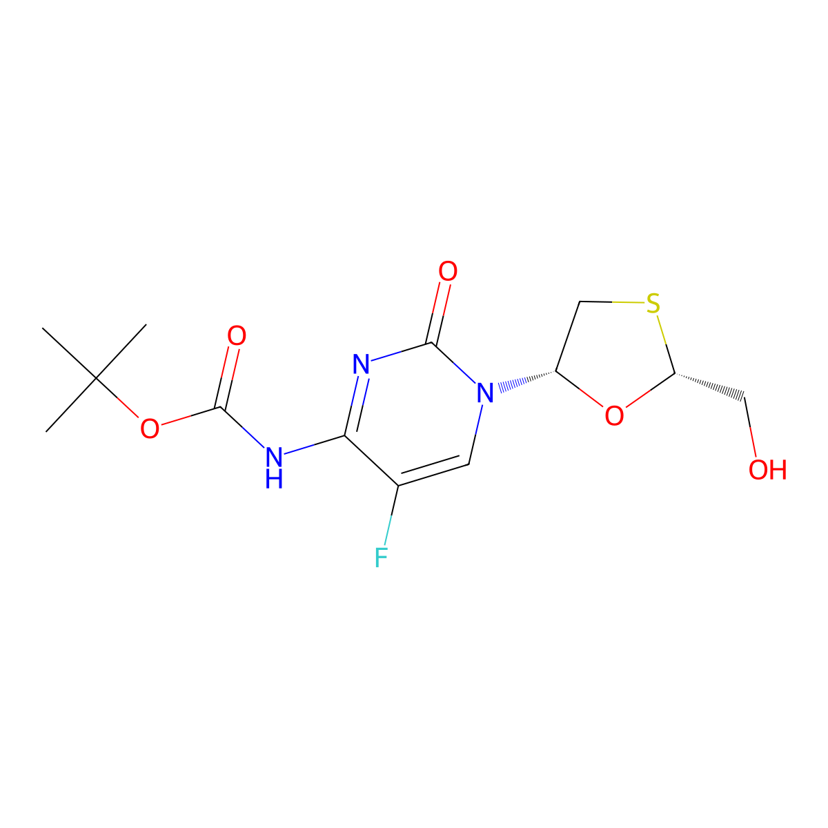 tert-butyl N-{5-fluoro-1-[(2R,5S)-2-(hydroxymethyl)-1,3-oxathiolan-5-yl]-2-oxo-1,2-dihydropyrimidin-4-yl}carbamate molecular structure, CAS 2408938-10-1