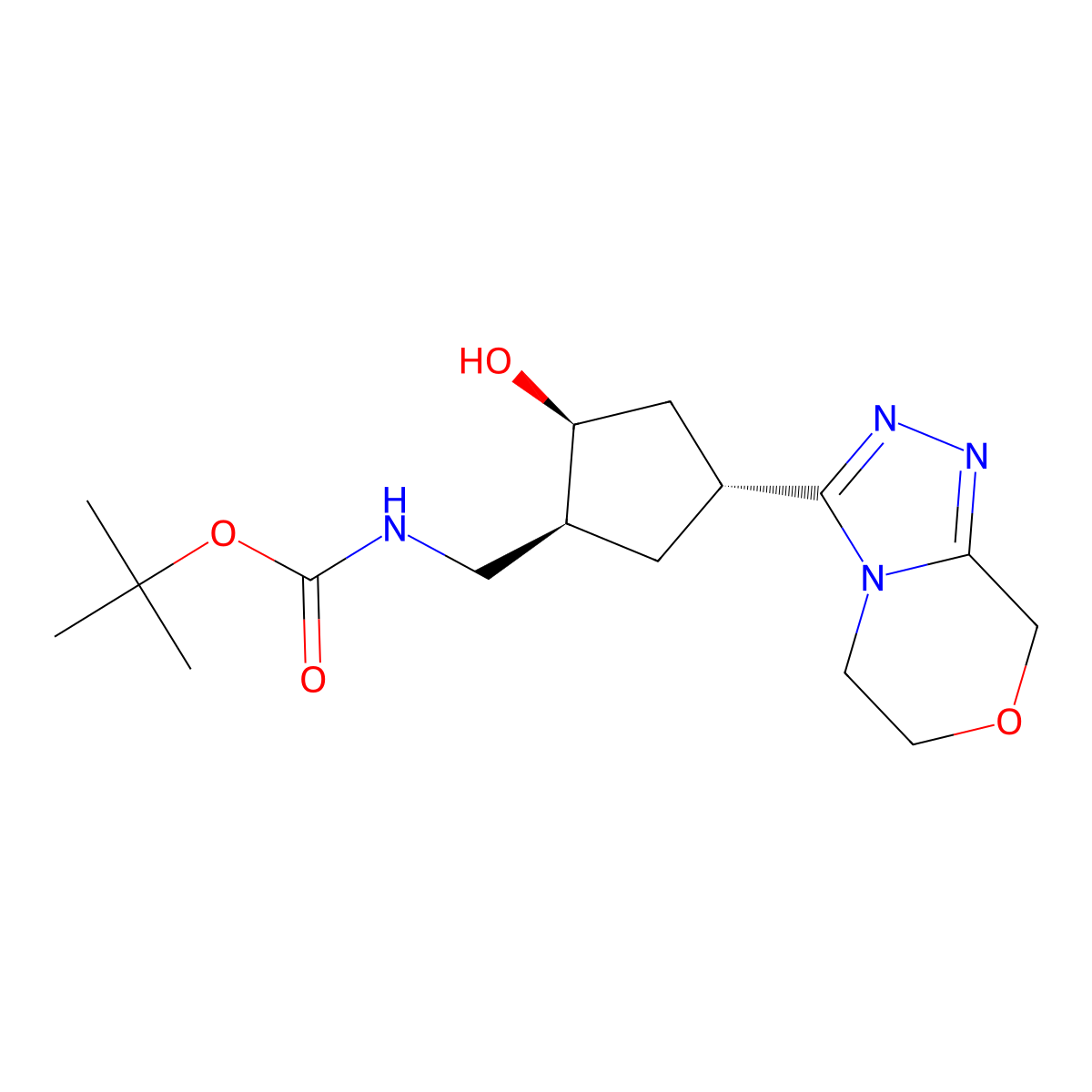 rac-tert-butyl N-{[(1R,2R,4S)-2-hydroxy-4-{5H,6H,8H-[1,2,4]triazolo[3,4-c][1,4]oxazin-3-yl}cyclopentyl]methyl}carbamate molecular structure, CAS 2408938-26-9