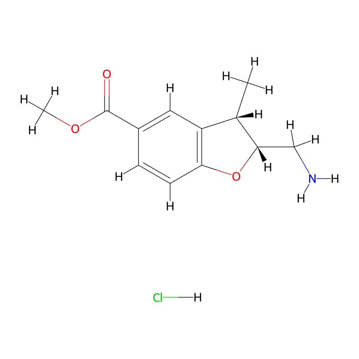 rac-methyl(2R,3S)-2-(aminomethyl)-3-methyl-2,3-dihydro-1-benzofuran-5-carboxylatehydrochloride,cis molecular structure, CAS 2408938-58-7