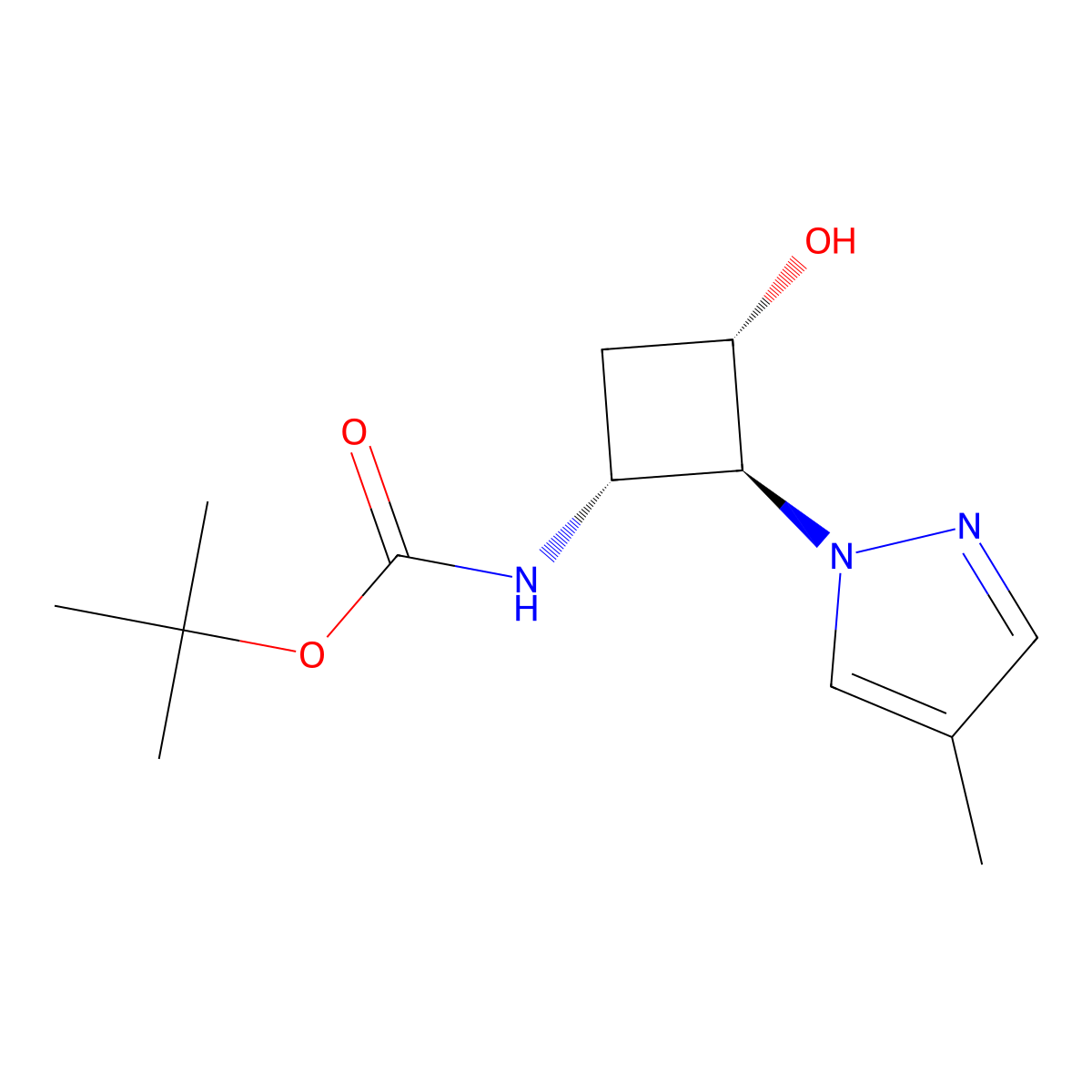 rac-tert-butyl N-[(1R,2S,3S)-3-hydroxy-2-(4-methyl-1H-pyrazol-1-yl)cyclobutyl]carbamate molecular structure, CAS 2408938-81-6