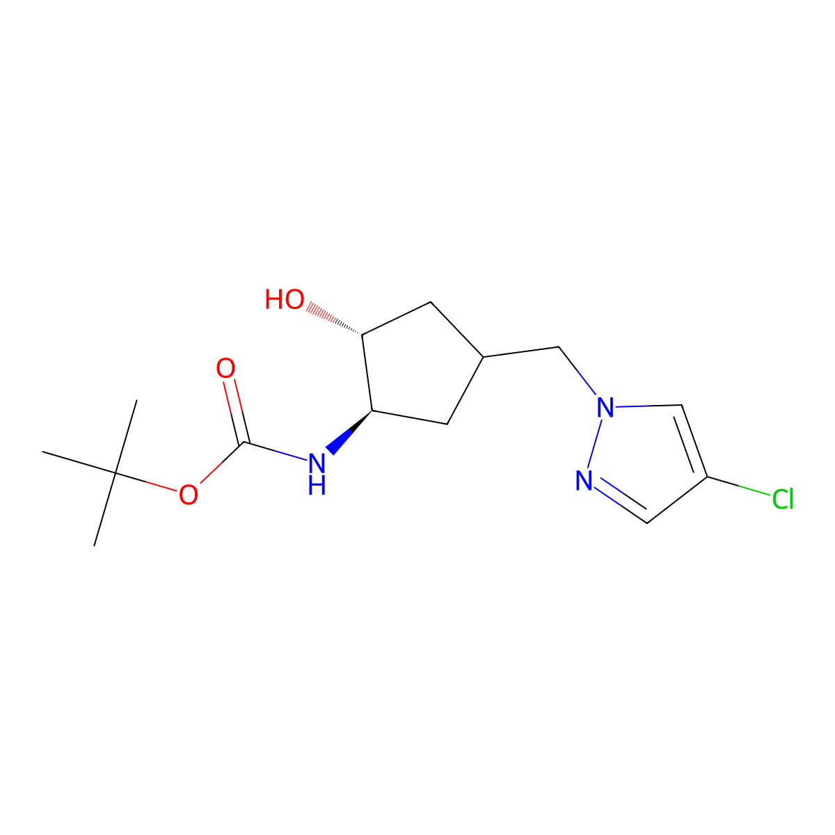 rac-tert-butyl N-[(1R,2R)-4-[(4-chloro-1H-pyrazol-1-yl)methyl]-2-hydroxycyclopentyl]carbamate molecular structure, CAS 2408946-82-5