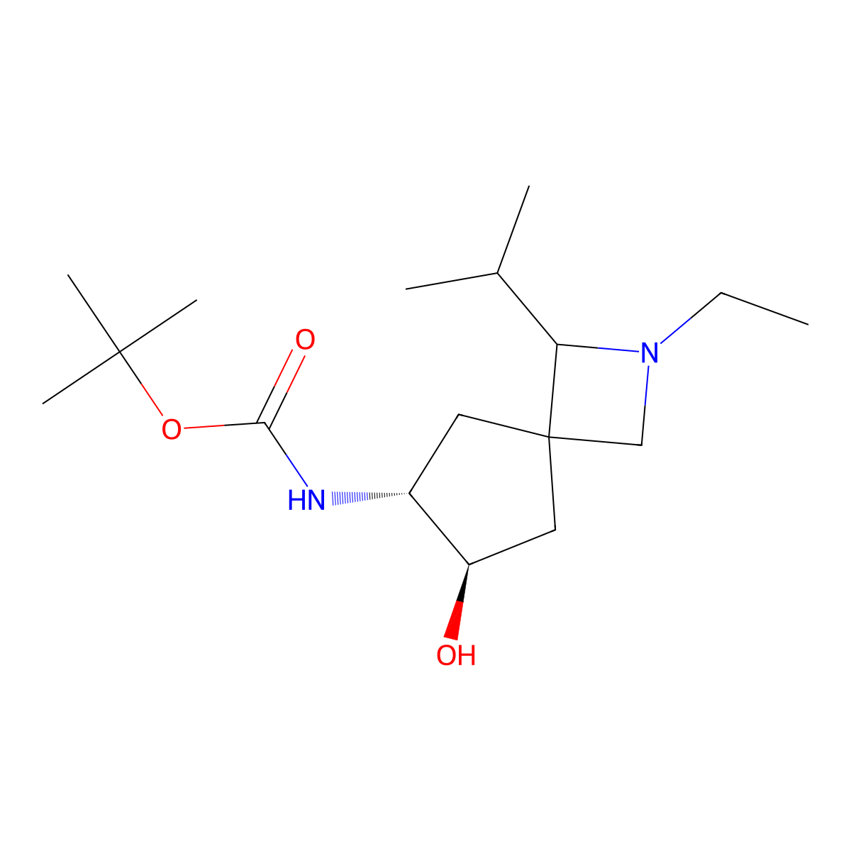 rac-tert-butyl N-[(6R,7R)-2-ethyl-7-hydroxy-1-(propan-2-yl)-2-azaspiro[3.4]octan-6-yl]carbamate molecular structure, CAS 2408946-90-5