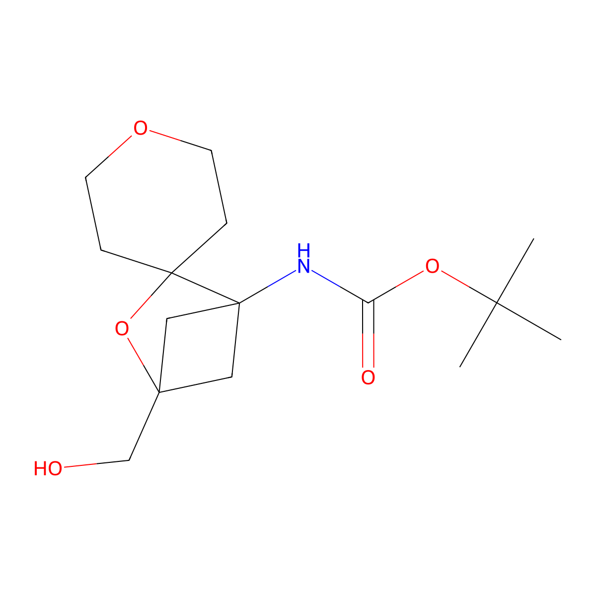 tert-butyl N-[4-(hydroxymethyl)-3-oxaspiro[bicyclo[2.1.1]hexane-2,4'-oxane]-1-yl]carbamate molecular structure, CAS 2408958-33-6