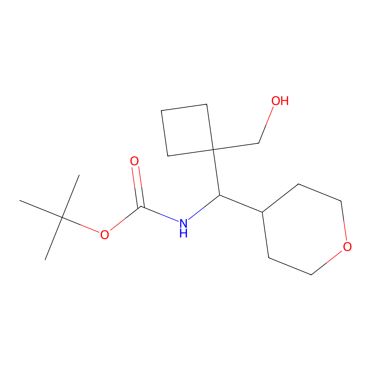 tert-butyl N-{[1-(hydroxymethyl)cyclobutyl](oxan-4-yl)methyl}carbamate molecular structure, CAS 2408958-82-5