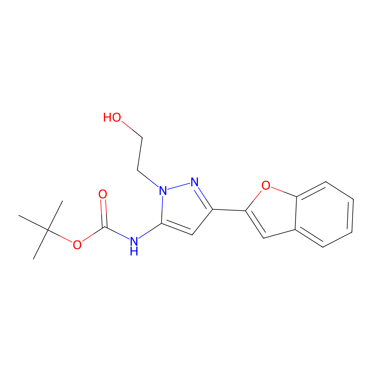 tert-butyl N-[3-(1-benzofuran-2-yl)-1-(2-hydroxyethyl)-1H-pyrazol-5-yl]carbamate molecular structure, CAS 2408959-68-0