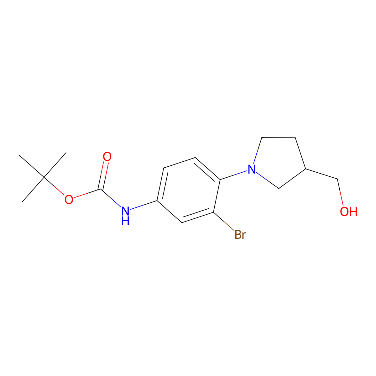 tert-butyl N-{3-bromo-4-[3-(hydroxymethyl)pyrrolidin-1-yl]phenyl}carbamate molecular structure, CAS 2408962-46-7